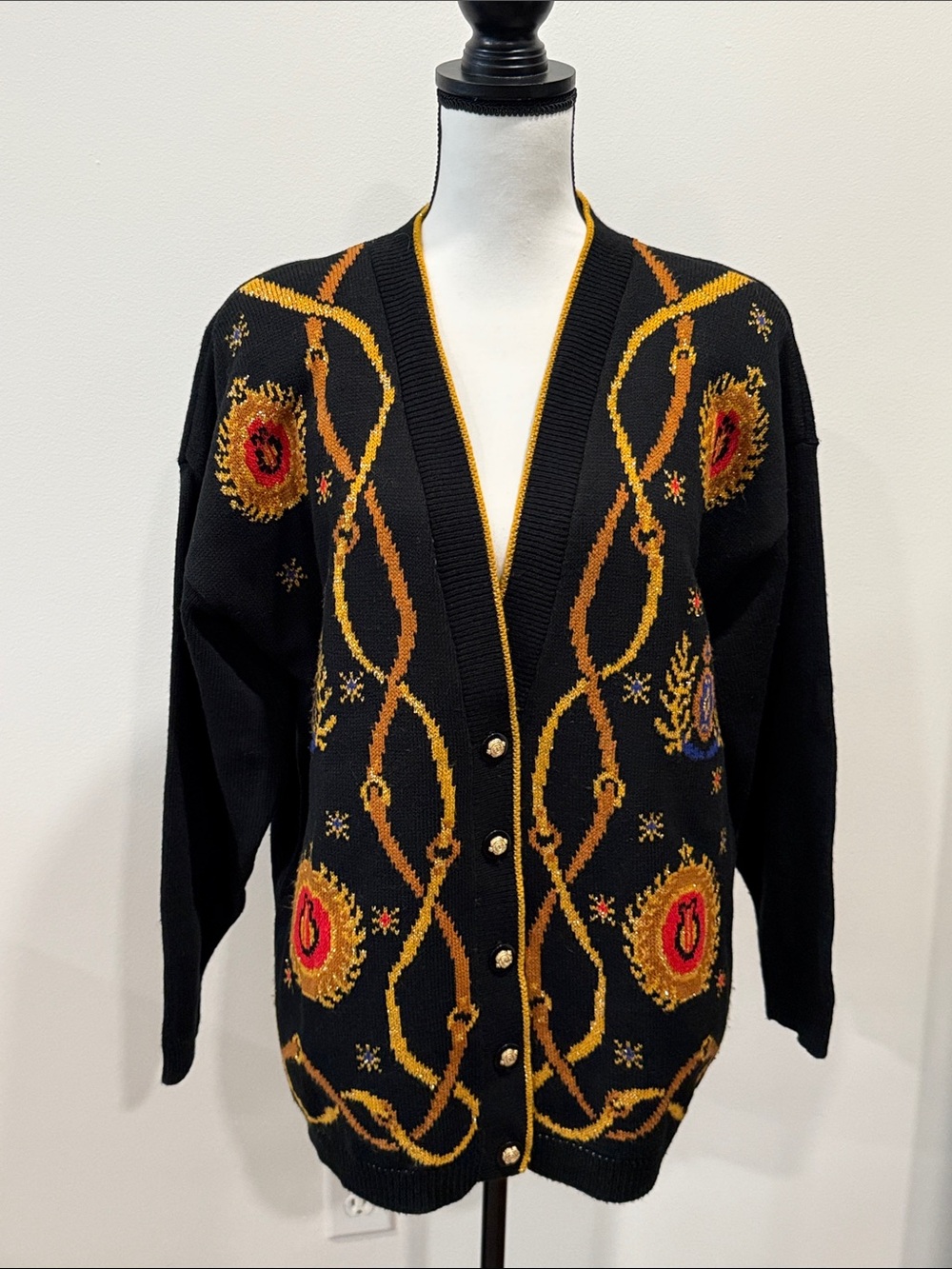 Vintage Norton McNaughton Black Baroque Cardigan Sweater with Gold Trim Size L